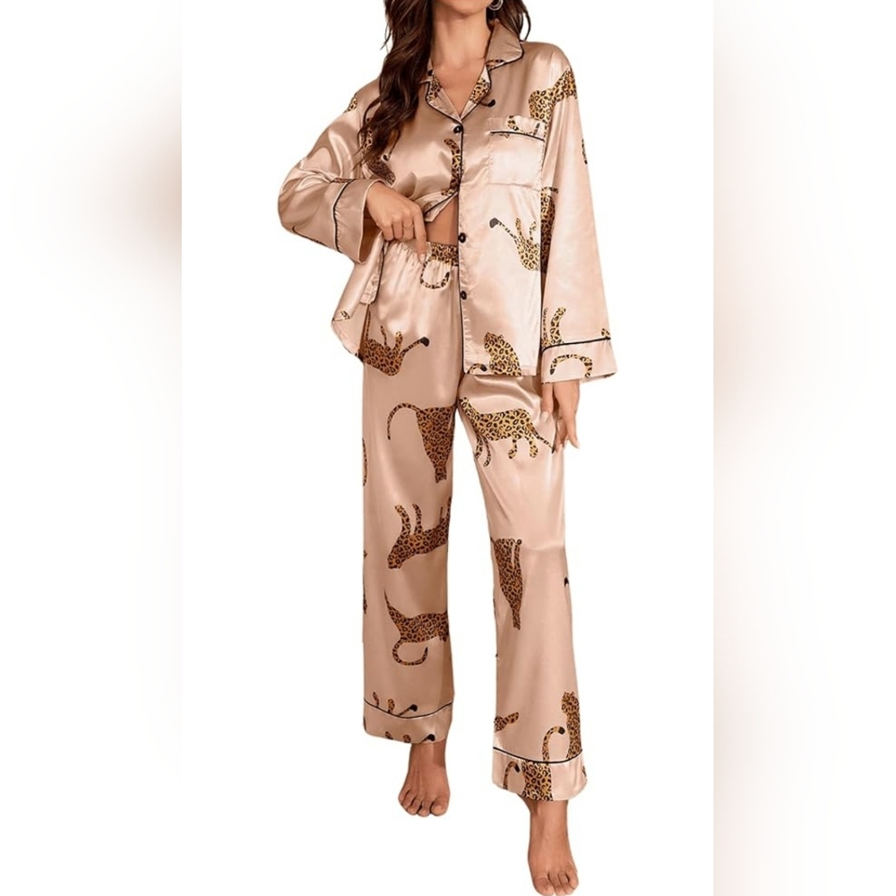 Leopard Print Satin Pajama Set